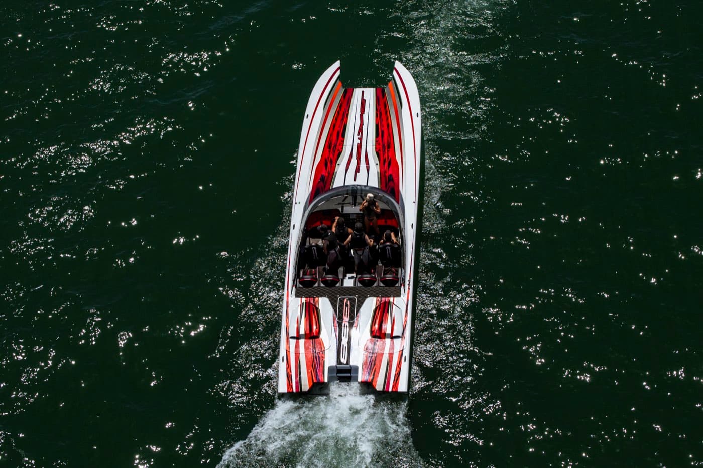 A catamaran running hard, seen from above